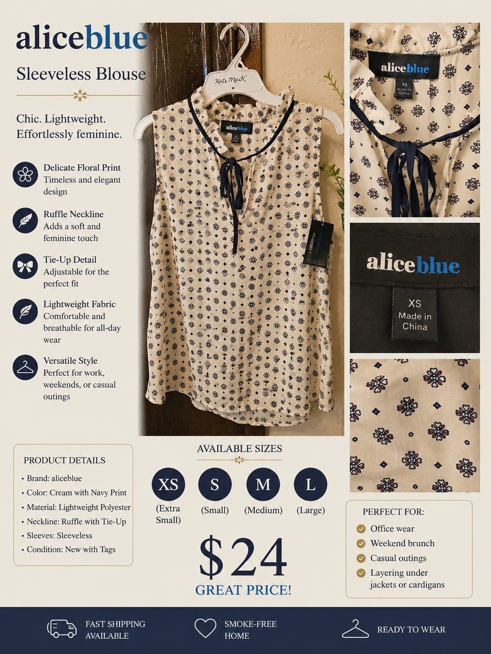 Alice Blue Cream Sleeveless Blouse with Navy Floral Print and Tie